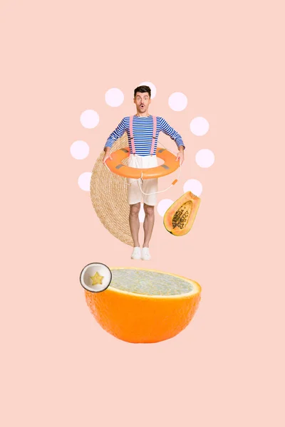 Creative Časopis Koláž Obraz Vzrušeného Funky Chlap Skákání Citrusový Bazén — Stock fotografie
