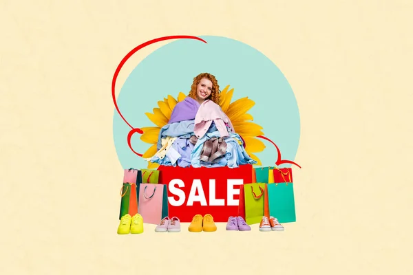Creative Collage Image Dreamy Lady Buying Many Clothes Isolated Pastel — Stock Photo, Image