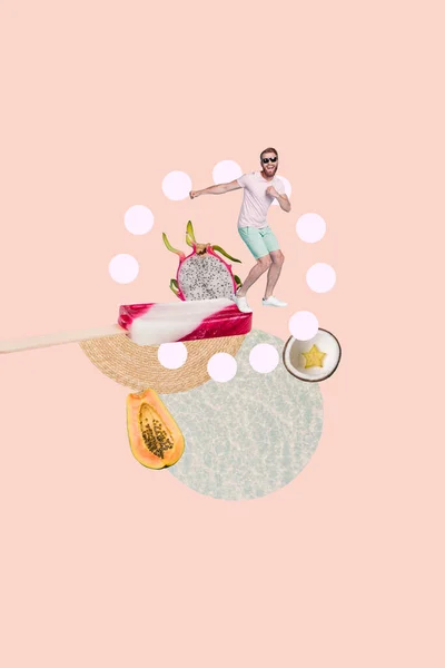 图片卡通拼贴图片时髦的家伙跳舞享受水果冰淇淋孤立的创造性粉刷背景 — 图库照片
