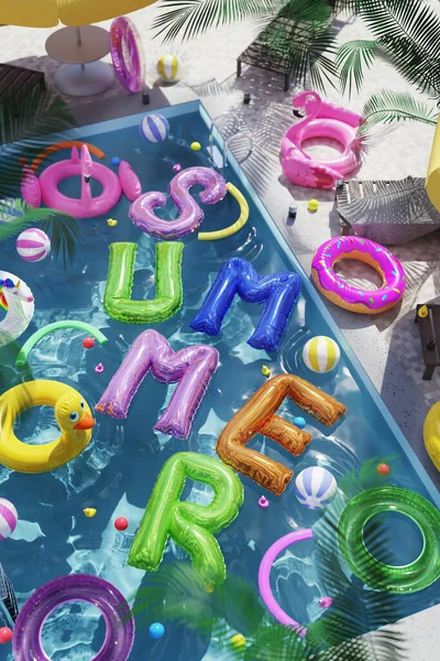 垂直3D画像のコラージュさわやかなクリスタルクリーンなプールサイドの水ゴムレジャーホテル夏休み晴れた日のパーティー — ストック写真