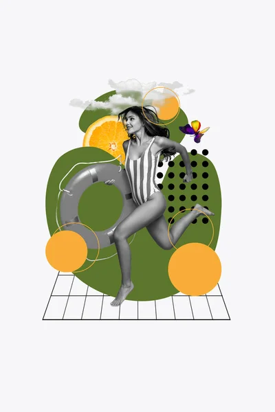 Creative Illustration Collage Young Positive Woman Running Wear Bikini Hold — Stock Photo, Image