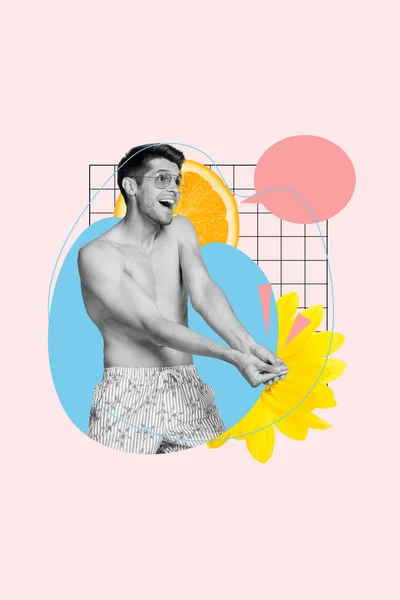 Progettato Collage Fotografico Pazzo Divertente Giovane Uomo Topless Giocare Pallavolo — Foto Stock