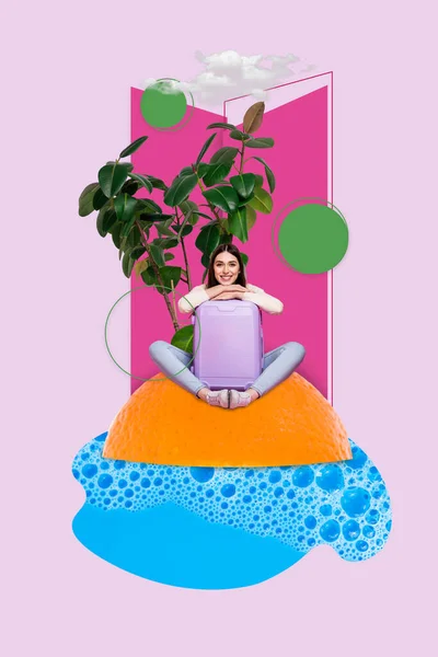 Collage Creativo Mujer Joven Sentado Naranja Equipaje Metáfora Isla Clima — Foto de Stock