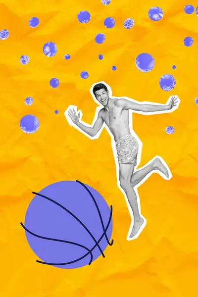 콜라주 재미있는 선수가 노란색 보라색 수영장 달리는 — 스톡 사진