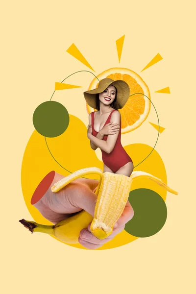 Oeuvre Collage Créatif Photo Illustration Jeune Femme Charmante Porter Panama — Photo