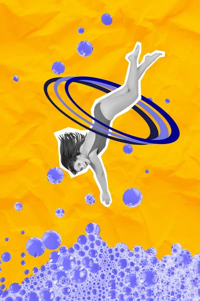 Colorful Photo Collage Young Girl Jumping Violet Bubbles Water Yellow — Stock Photo, Image