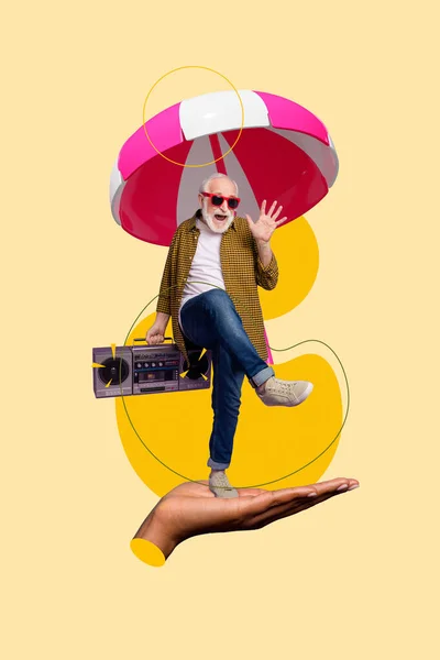 Illustrazione Collage Divertente Ballo Noncurante Uomo Anziano Ascoltare Musica Boombox — Foto Stock