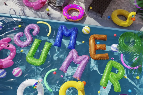 3Dグラフィックカラフルなコラージュ夏のコンセプト浮動文字リングフラミンゴボール明るい晴れた日とクリスタルきれいなプールサイドの水 — ストック写真