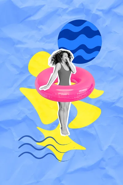色彩斑斓的3D图形拼贴旅行女孩跳入大海紧闭鼻孔享受粉红花暑假的乐趣 — 图库照片