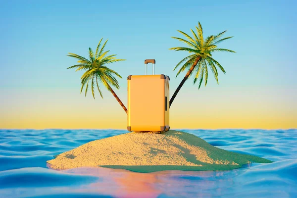 3D現実的なレンダリングコラージュテンプレートの観光スーツケース夏休みの広告コンセプト上の熱帯ラグーンベイ — ストック写真