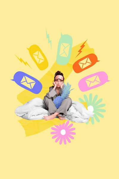 Colorful Painting Poster Banner Collage Annoyed Girl Sleeping Work Notification — Stock Photo, Image