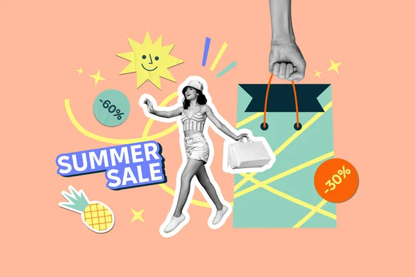 Painting Image Template Collage Tourist Lady Addicted Shopaholic Hurry Buying — Stock Photo, Image