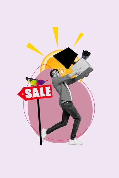 Poster Banner Mockup Collage Ragazzo Shopaholic Comprare Molte Cose Estive — Foto Stock