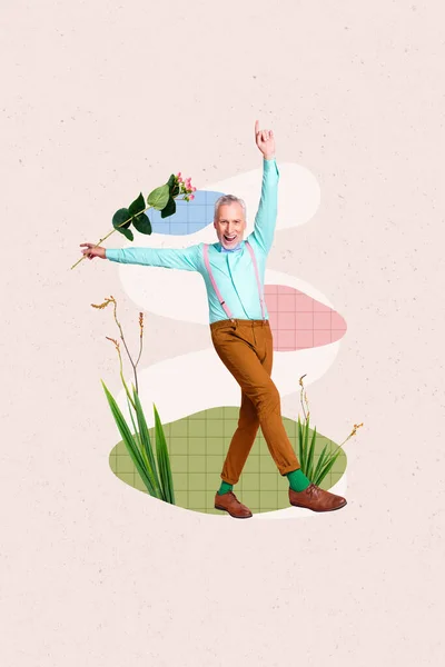 Bild Poster Collage Von Überglücklichen Fröhlichen Älteren Mann Gehen Datum — Stockfoto