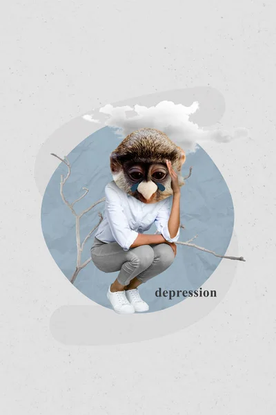 Artwork Image Collage Sketch Sad Depressed Personage Weird Face Sitting — Stock Photo, Image