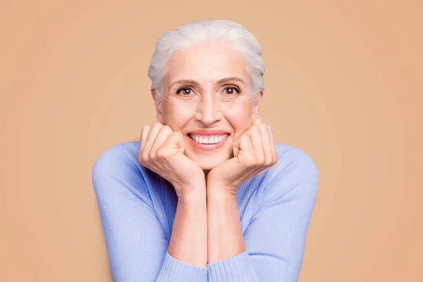 Gülen Gri Saçlı Mutlu Güzel Yaşlı Bir Kadın Portresi Gülümseme — Stok fotoğraf