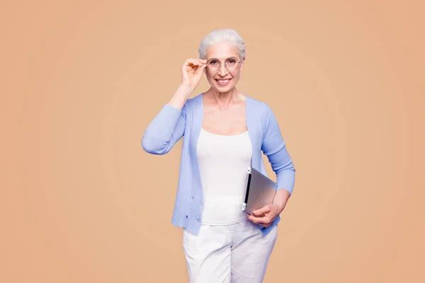 Grey Haired Old Smiling Business Woman Wearing Glasses Holding Tablet — Stock Photo, Image