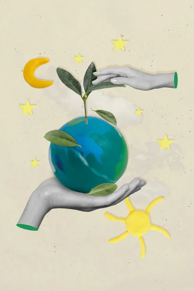 Ekologiczny Kolaż Koncepcyjny Obraz Dłoni Trzymających Planetę Ziemia Uratować Świat — Zdjęcie stockowe