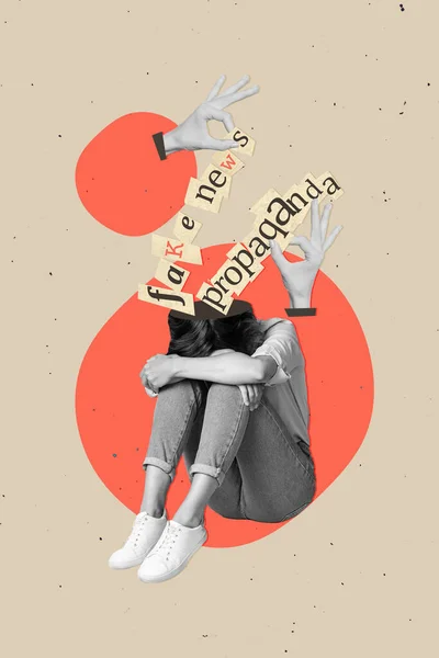 Kunstwerk Collage Skizzenvorlage Des Aufgebrachten Unglücklichen Mädchens Sitzende Hände Berühren — Stockfoto