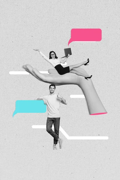 Creatieve Verticale Collage Schets Van Twee Positieve Gelukkige Mensen Samen — Stockfoto