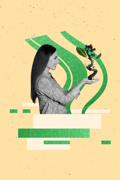 Иллюстрация Креативного Дизайна Нарисованный Коллаж Молодой Девушки Держащей Руках Зеленое — стоковое фото