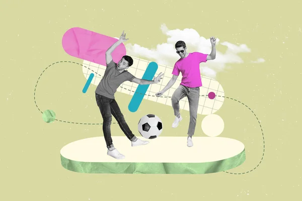 Foto Ilustração Engraçado Colagem Dois Jogadores Jovens Homens Campo Futebol — Fotografia de Stock