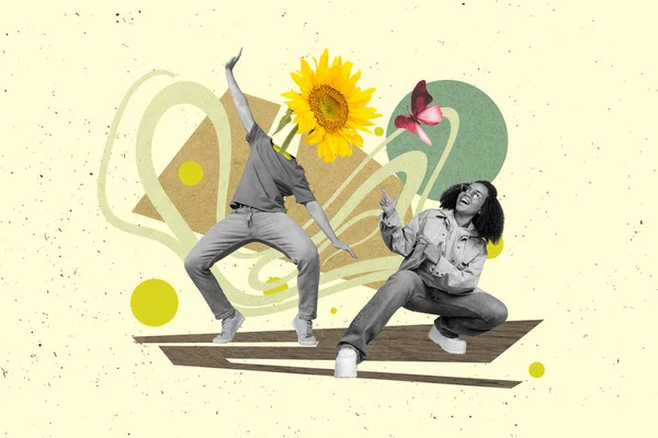 Natur Frühling Collage Design Porträt Von Zwei Menschen Kopf Sonnenblume — Stockfoto