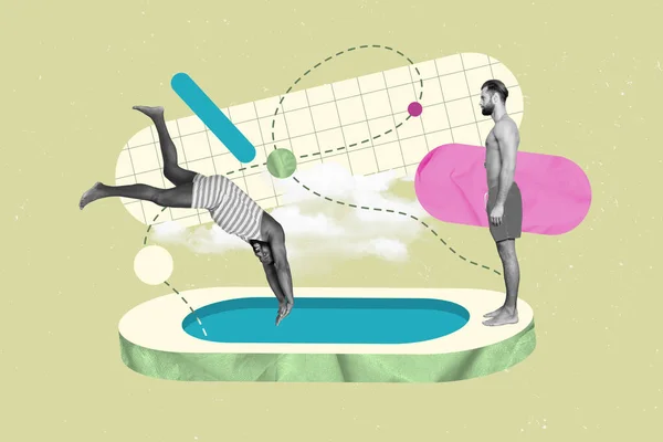 Collage Bild Konstverk Sommar Resort Hoppa Dykning Killar Topless Slitage — Stockfoto