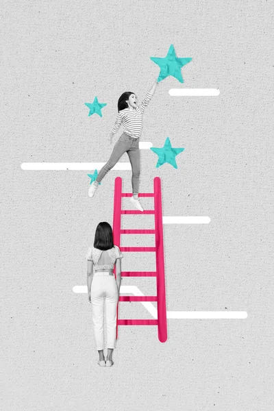 垂直拼贴成功女生爬到高处的动机追星族金融创业科技项目孤立在灰色背景下 — 图库照片