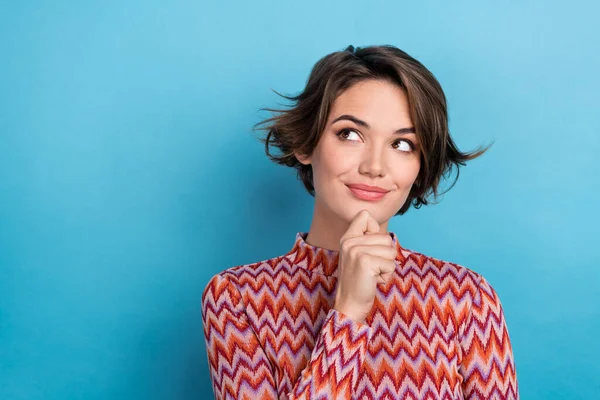 stock image Closeup photo charming lady hold arm on chin look empty space mockup interested wear print shirt isolated blue color background.