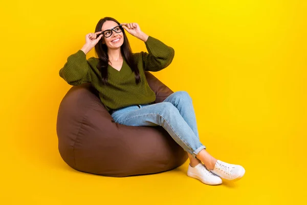 Full Size Portrait Cheerful Minded Girl Sit Cozy Bag Look — Stock Photo, Image