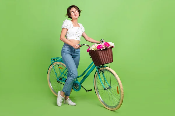 Full Length Portrait Pretty Positive Minded Person Fresh Flowers Basket — Stock Photo, Image