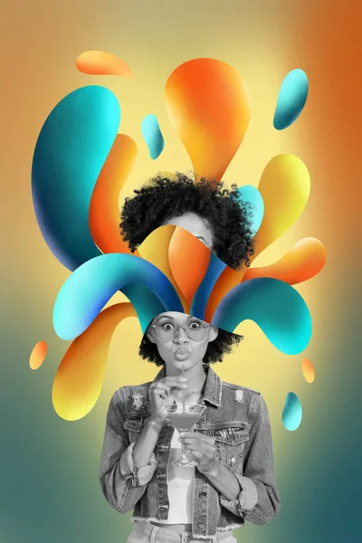 Retro Criativo Arte Modelo Colagem Impressionado Funky Senhora Cabeça Explodir — Fotografia de Stock