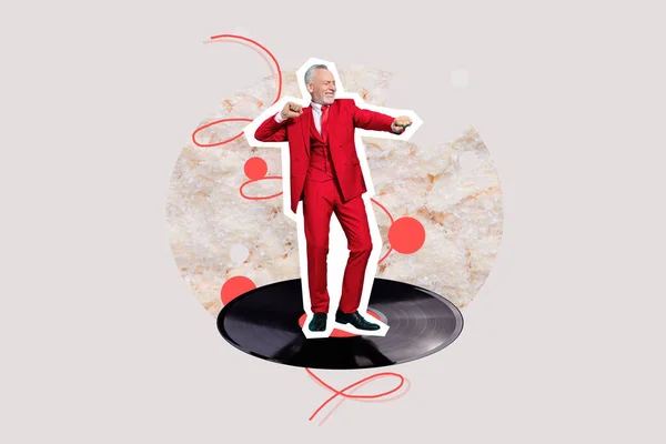 Collage Photo Pensioner Funky Man Red Tuxedo Listen Music Retro — Stock Photo, Image