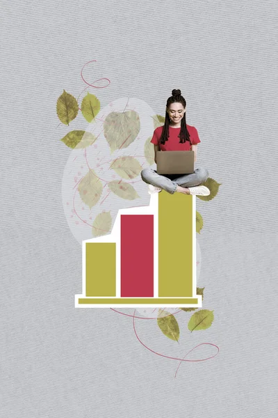 Φωτογραφία Κολάζ Της Διαφήμισης Στρατηγική Νεαρή Επιχειρηματική Κυρία Χρησιμοποιώντας Laptop — Φωτογραφία Αρχείου