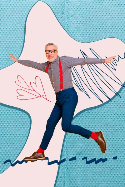 Kreativní Ilustrace Koláž Muže Výslužbě Skákání Létání Ruce Nosit Suspendéry — Stock fotografie