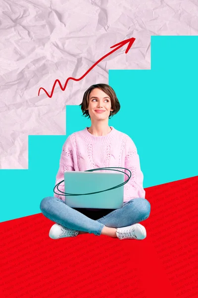 Colagem Jovem Freelancer Menina Sentado Usando Seu Laptop Olhando Crescente — Fotografia de Stock