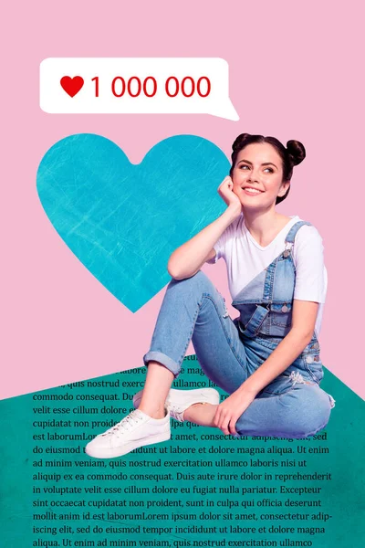 Collage Banner Advert Million Likes Dream Young Cute Lady Sitting — Stock Photo, Image