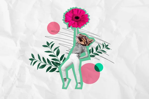 Unbekümmert Collage Illustration Der Wildkatze Tanz Unbeschwerte Mädchen Halten Gerbera — Stockfoto