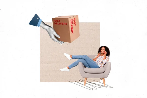 Collage Diseño Creativo Señora Joven Divertida Acostada Muebles Llamada Amigos — Foto de Stock