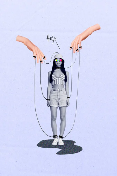 Psychodeliczne Marionetka Kolaż Niewolnik Marionetka Śmieszne Kobieta Depresja Fałszerstwo Wiadomości — Zdjęcie stockowe