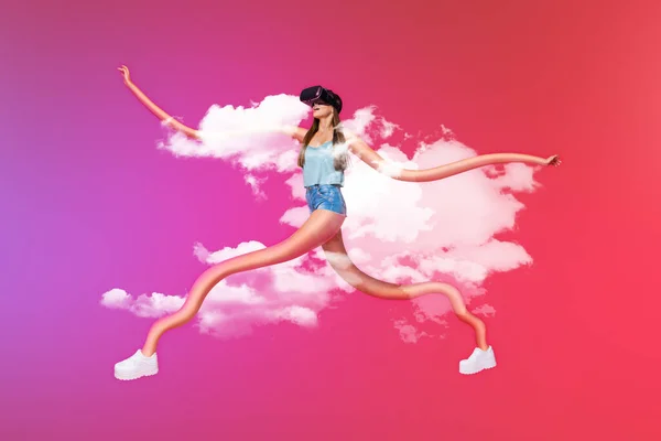未来主义模板广告拼贴年轻奇怪的女士与长脚匆忙赛跑在视频异形现实的挑战 — 图库照片