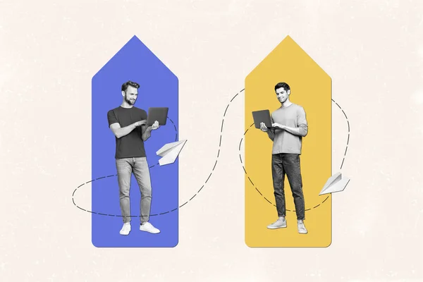 Colagem Modelo Criativo Duas Pessoas Freelancers Empreendedores Cara Usando Gadget — Fotografia de Stock