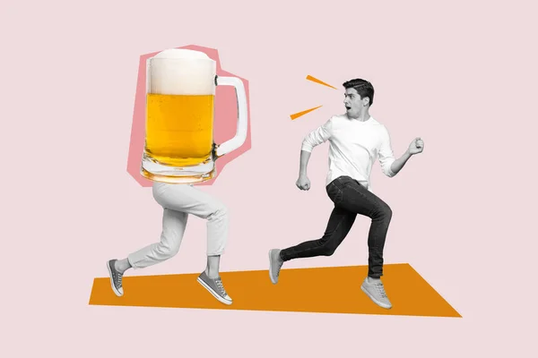 Picture Unusual Template Collage Scared Man Run Fast Away Beer — Stock Photo, Image
