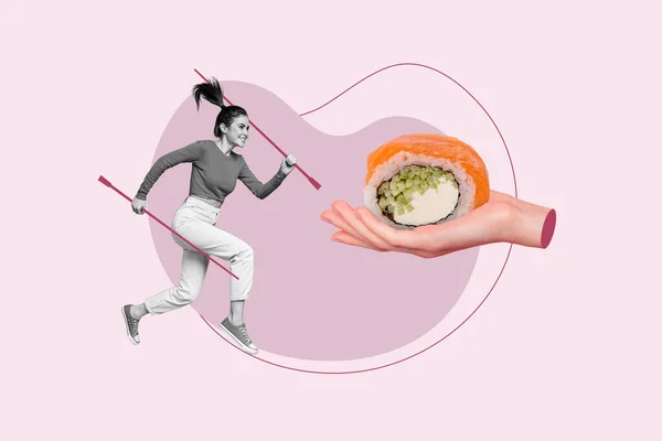興奮した女性の創造的なイメージのコラージュテンプレートは 空腹感おいしいロールで寿司バーの販売をお楽しみください — ストック写真