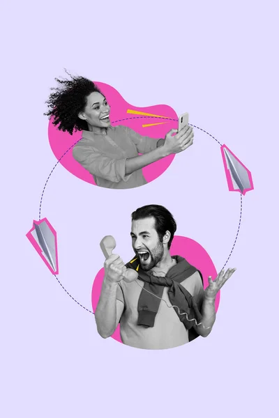 在紫色背景下隔离的年轻夫妇的垂直拼贴照片冲突呼叫连接通信不良消息对话 — 图库照片