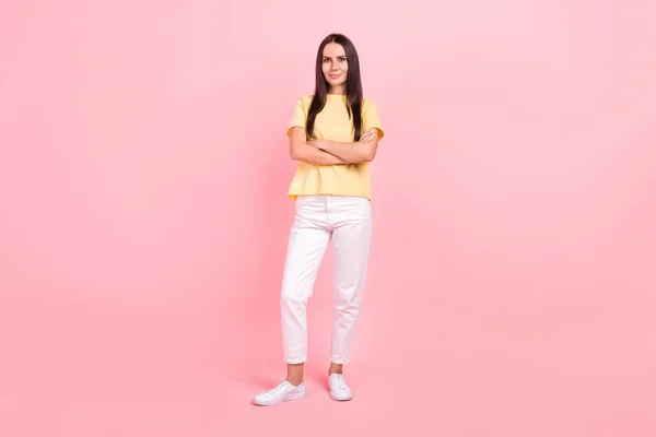 Full Length Photo Cute Adorable Lady Wear Yellow Shirt Arms — Stock Photo, Image
