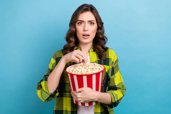 Photo Scared Shocked Lady Wear Checkered Jacket Eating Pop Corn — Stock Photo, Image