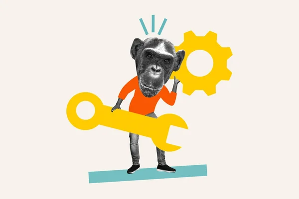 Cartoon Strips Collage Foto Van Funky Chimpansee Hoofd Man Met — Stockfoto