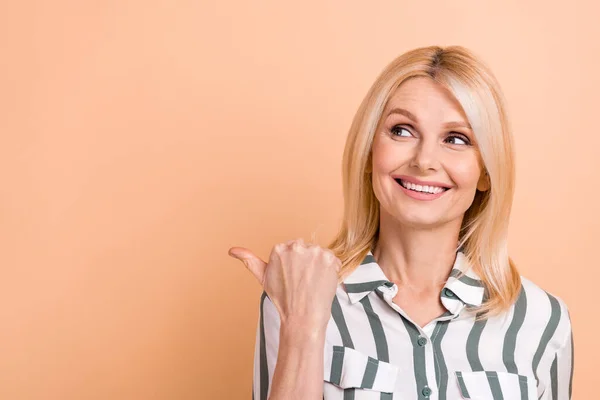 Photo Pretty Positive Person Toothy Smile Look Direct Finger Empty — Stock Photo, Image